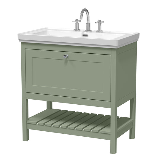 Hudson Reed Bexley 800mm Fern Green Floor Standing Vanity Unit With 3 Tap Hole Basin, Soft Close Drawers