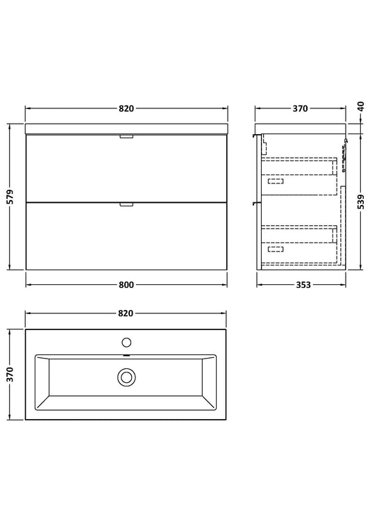 Hudson Reed Fusion 800mm Wall Hung 2 Drawer Vanity Unit & Ceramic Basin With Soft Close Drawers