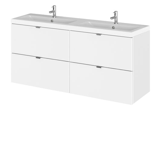 Hudson Reed Fusion 1200mm Wall Hung Gloss White 4 Drawer Vanity Unit with Double Ceramic Basin