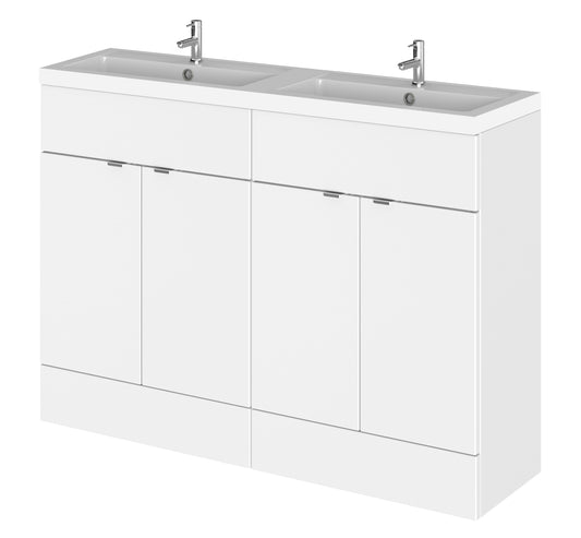 Hudson Reed Fusion 1205mm Gloss White Floor Standing 2 Door Vanity Unit With Double Basin & Soft Close Doors