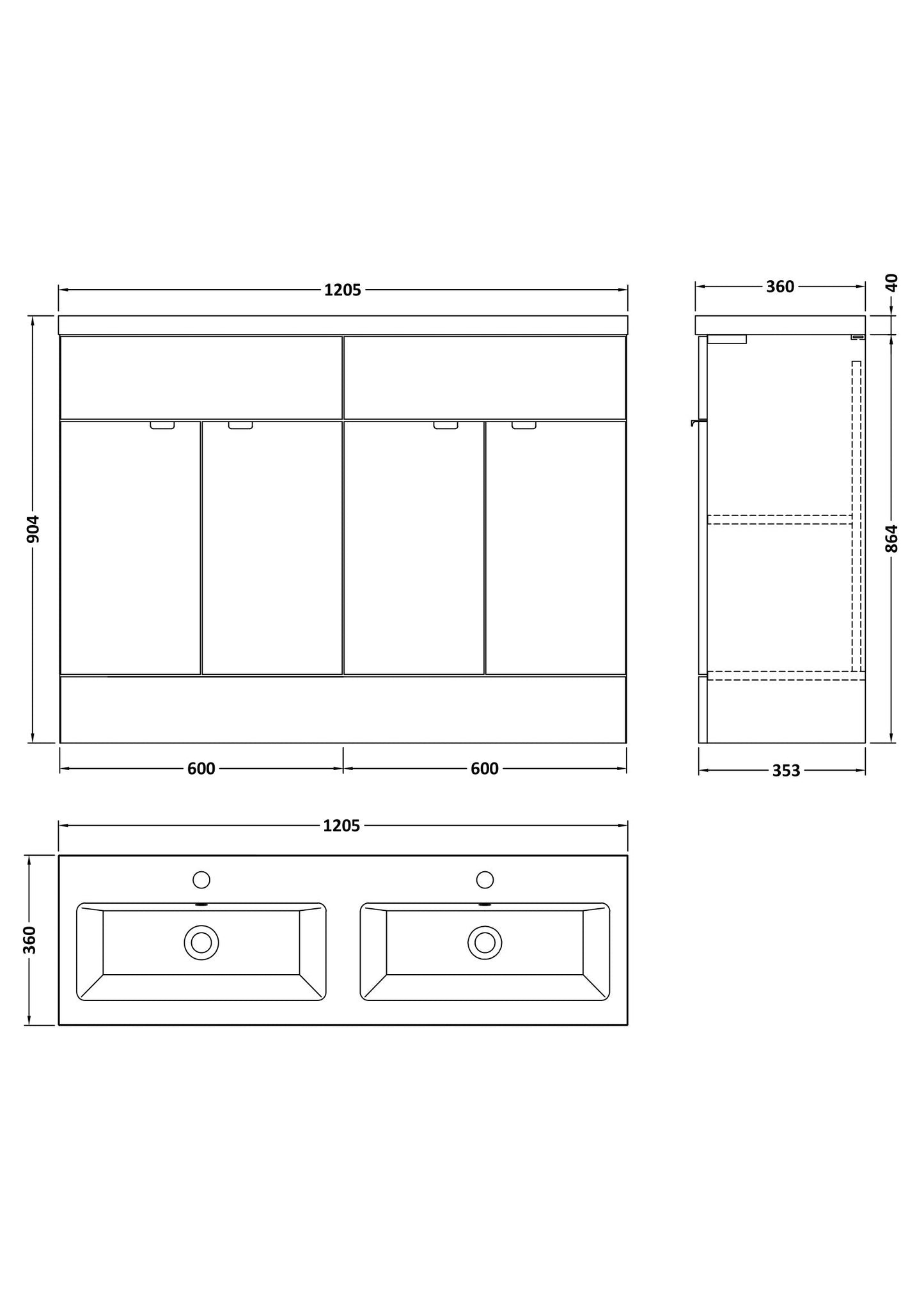 Hudson Reed Fusion 1200mm Floor Standing 4 Drawer Vanity Unit & Twin Basin With Soft Close