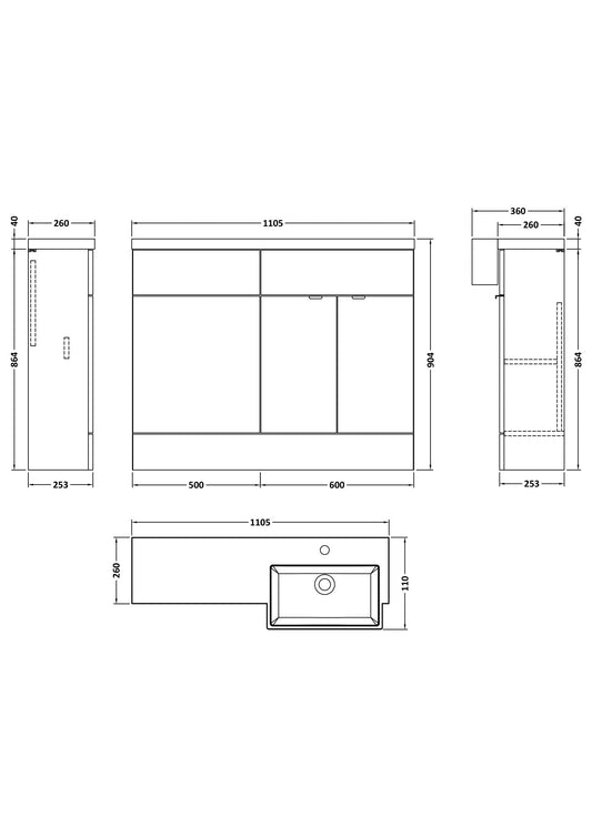 Fusion Floor Standing 2 Door Vanity Unit & WC with Right Hand Semi Recessed Basin Combination 1100mm