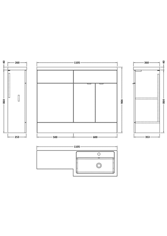 Hudson Reed Fusion 1100mm Right Hand Bleached Oak Combination Unit With Handles, With Overflow