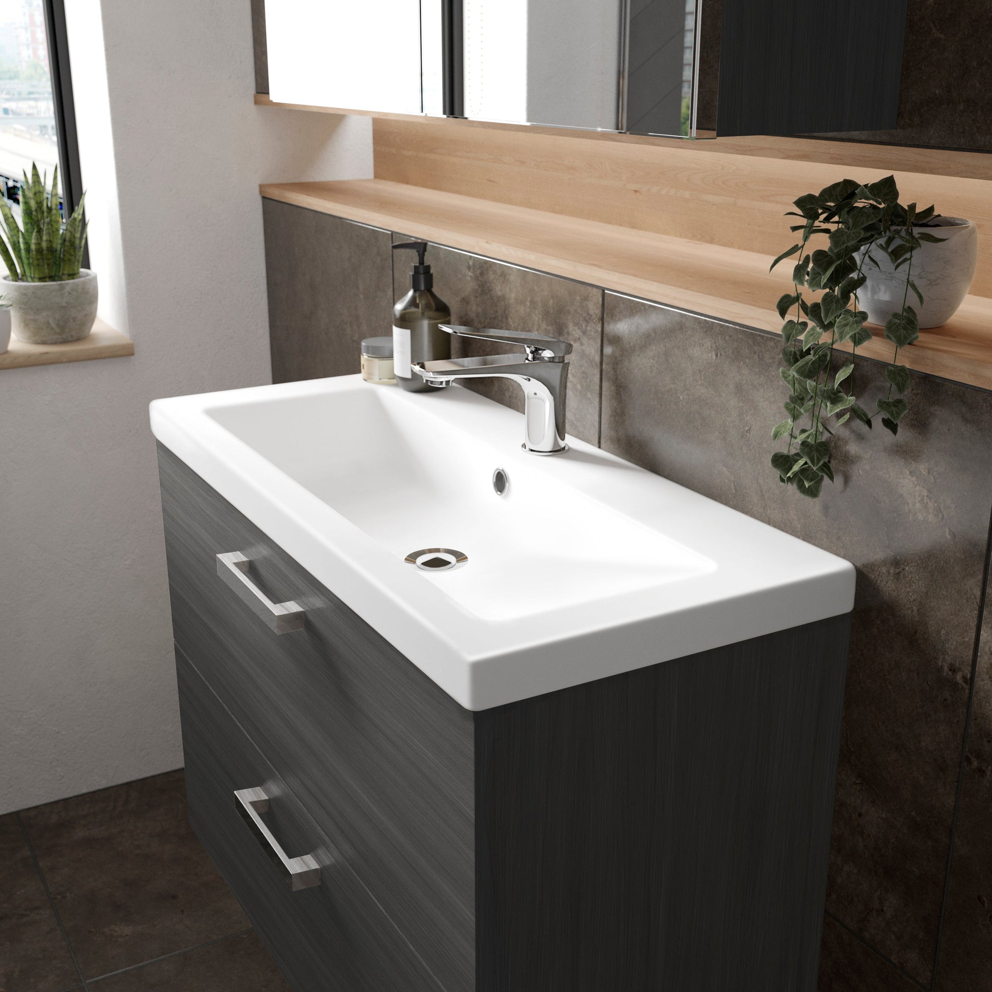 Hudson Reed Fusion 800mm Anthracite Woodgrain Wall Hung 2 Drawer Soft Close Vanity Unit & Basin