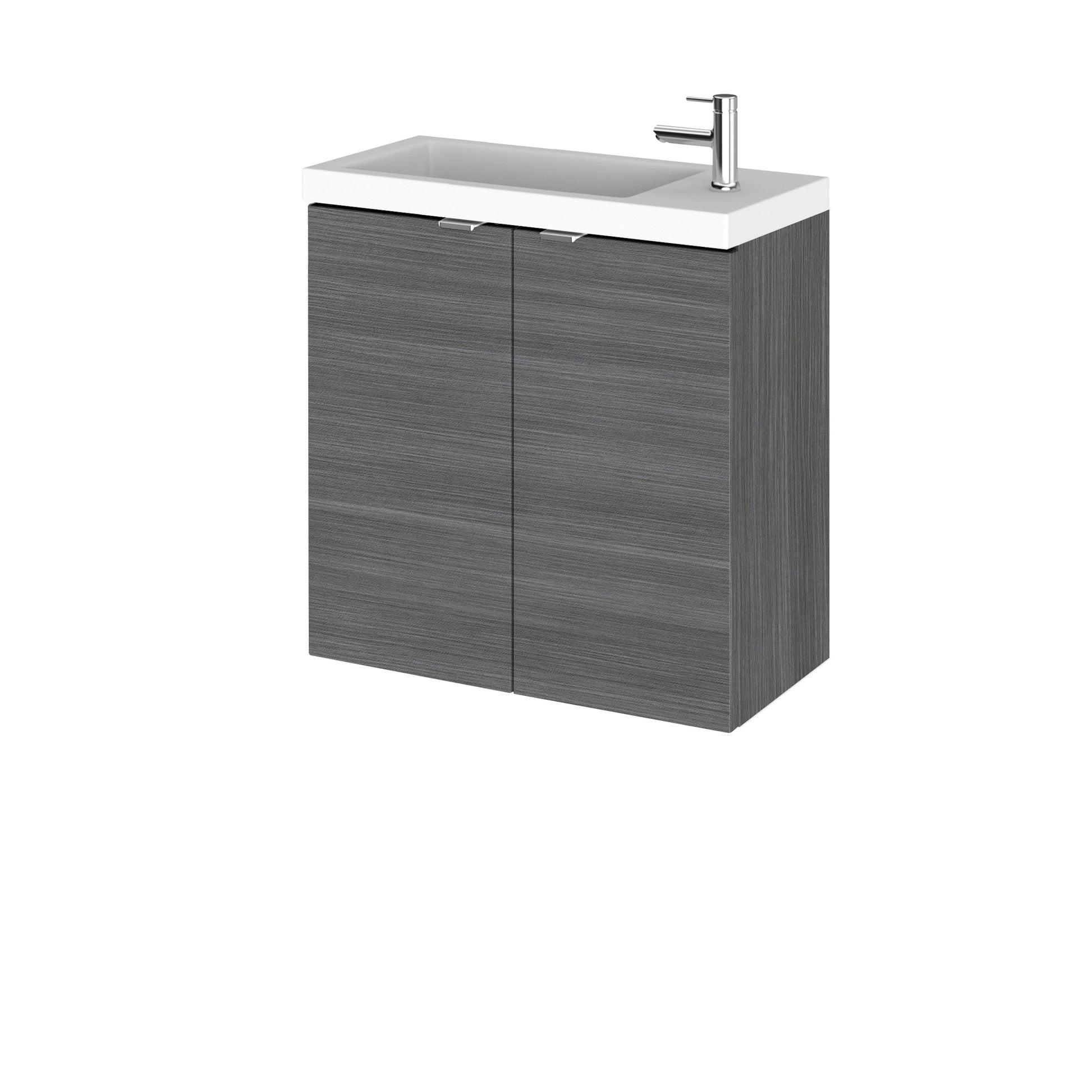 Hudson Reed Fusion Compact 500mm Anthracite Woodgrain Wall Hung 2 Door Vanity Unit & Polymarble Basin