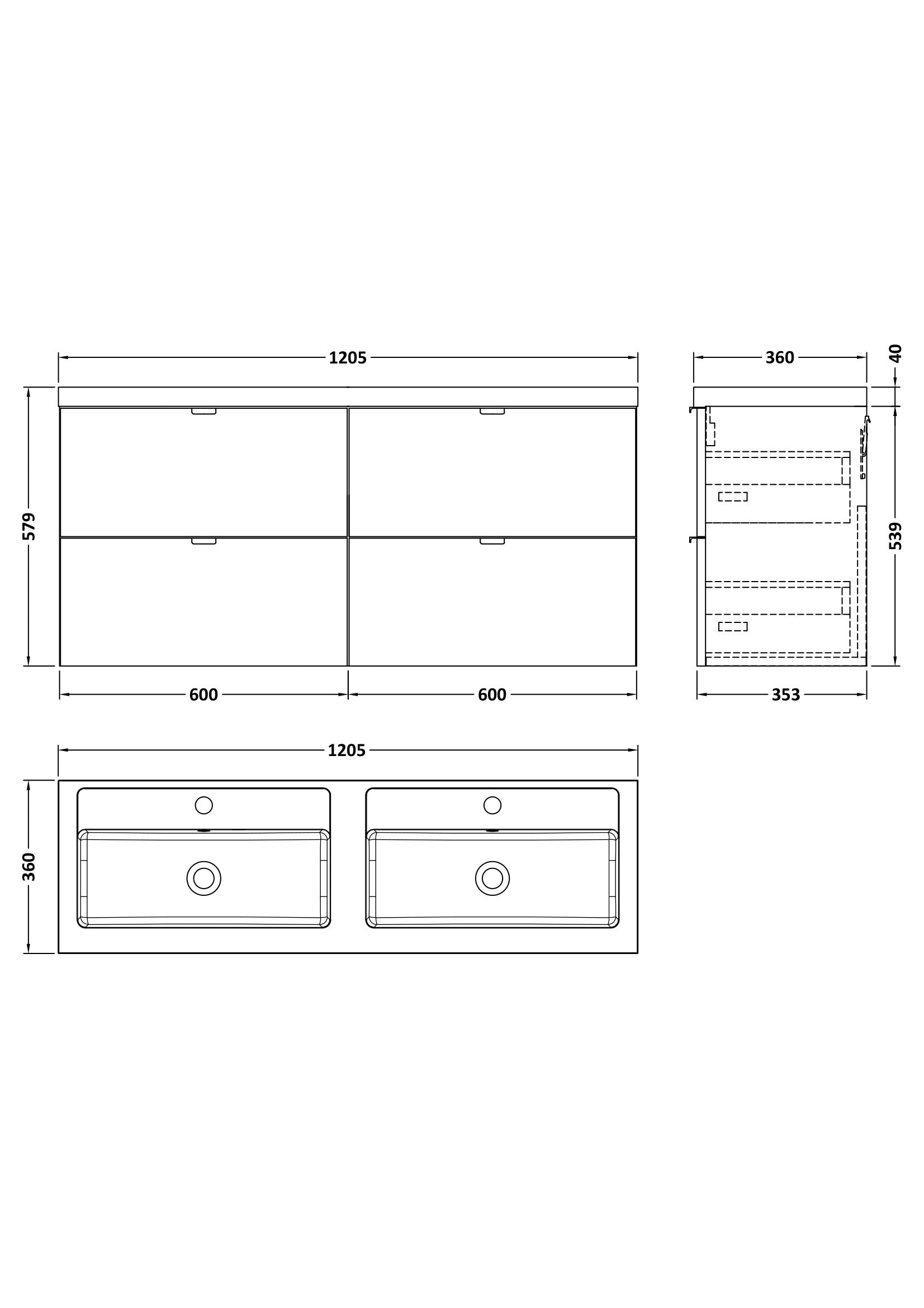 Hudson Reed Fusion 1200mm Wall Hung 4 Drawer Vanity Unit With Twin Polymarble Basin
