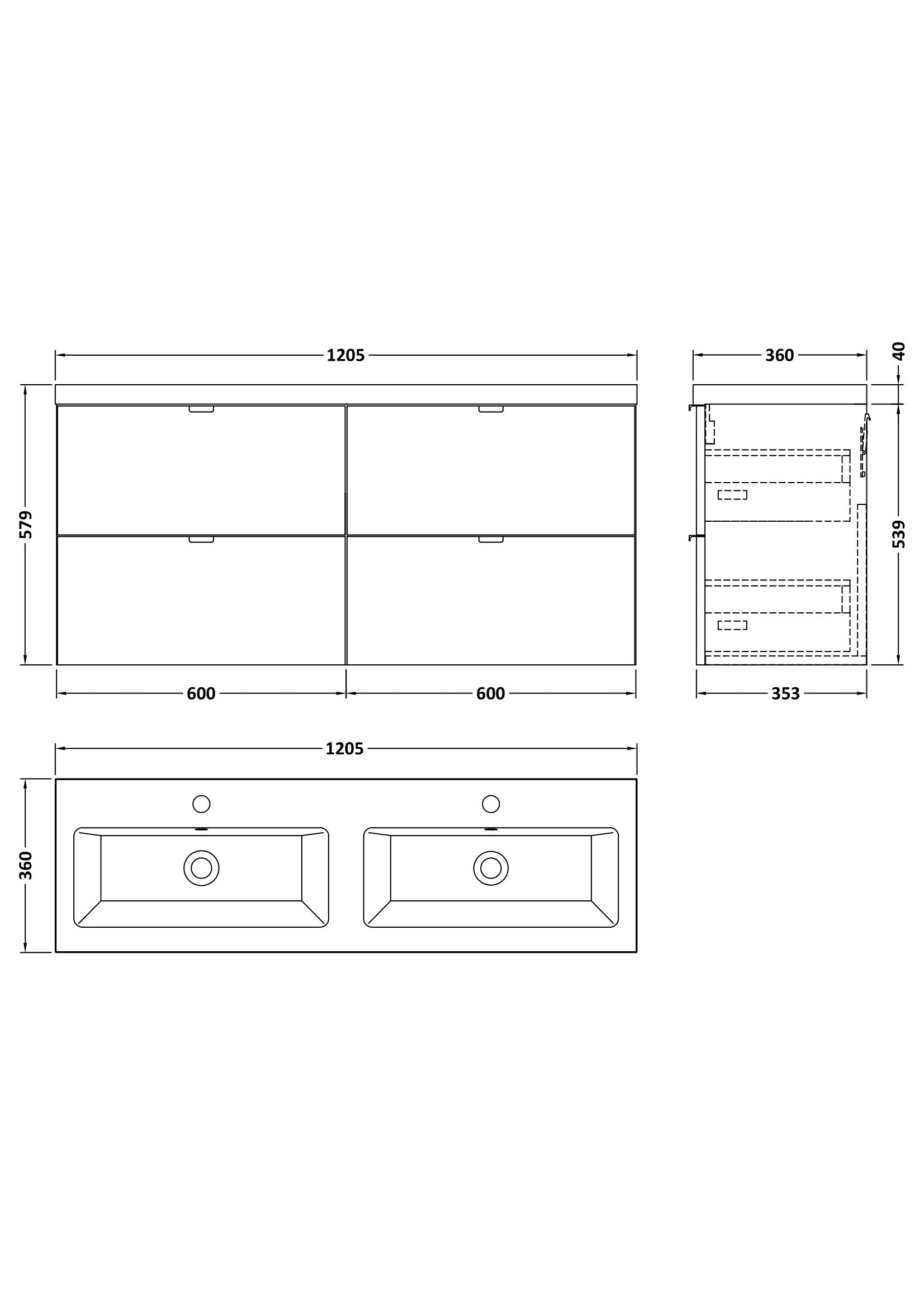 Hudson Reed Fusion 1200mm Wall Hung 4 Drawer Vanity Unit With Twin Ceramic Basin