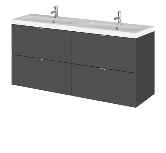 Hudson Reed Fusion 1200mm Gloss Grey 4 Drawer Wall Hung Vanity Unit With Twin Ceramic Basin