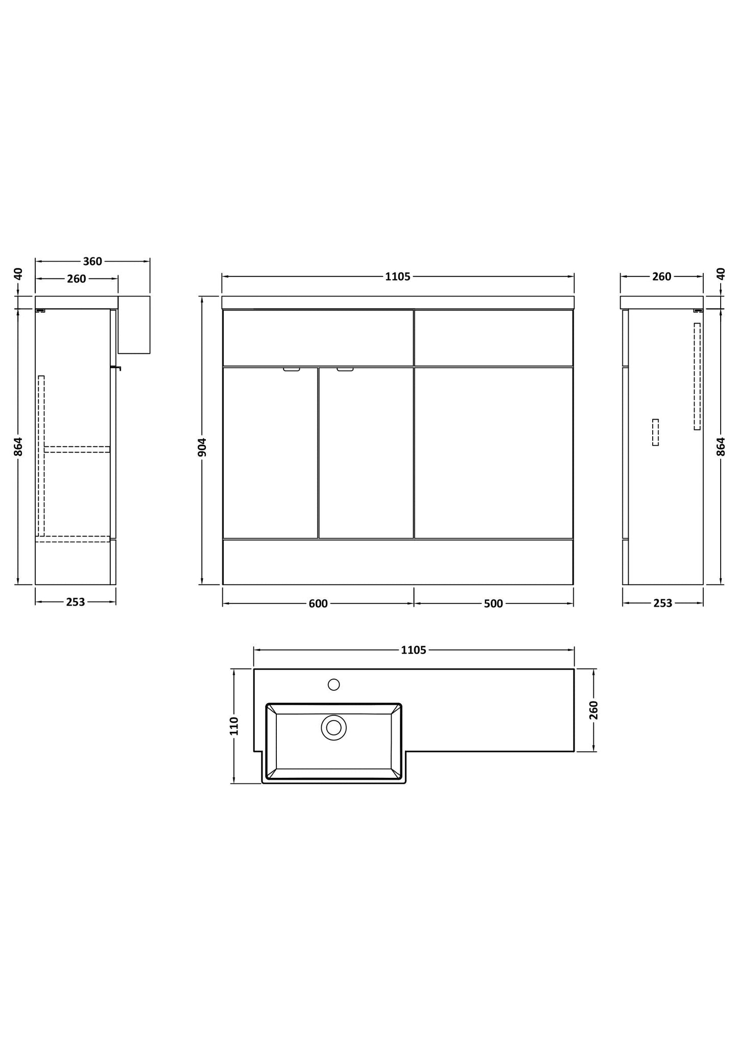 Hudson Reed Fusion 1100mm Floor Standing 2 Door Vanity Unit & Toilet Combination with Left Hand Semi Recessed Basin