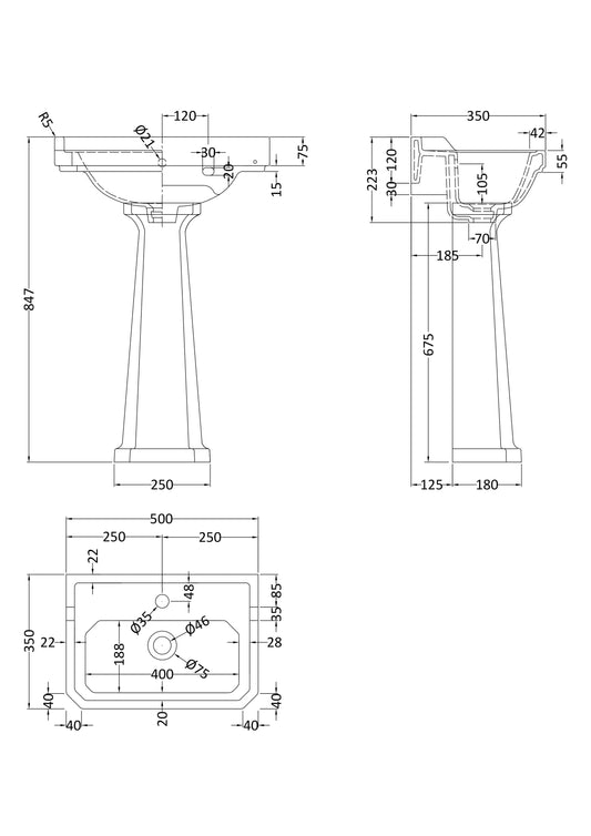 Richmond 500mm Basin & Pedestal 1 Tap Hole