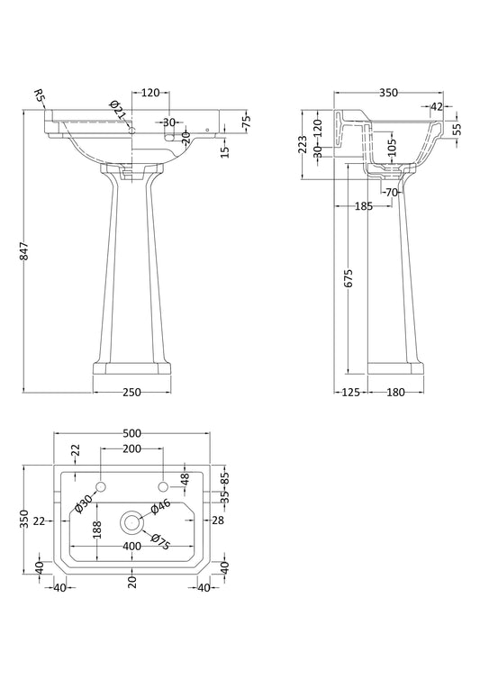 Richmond 500mm Basin & Pedestal 2 Tap Hole