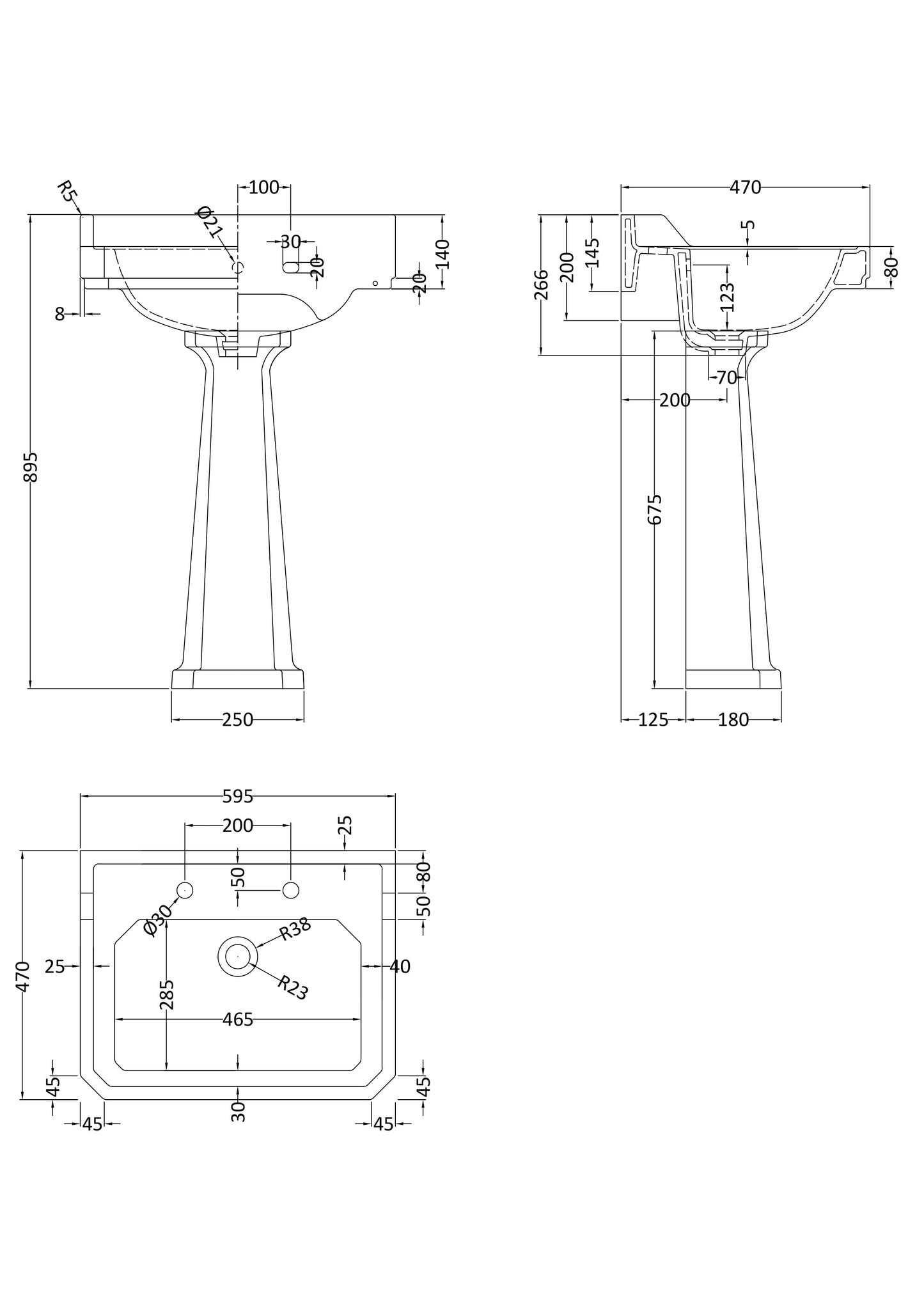 Richmond 600mm Basin & Pedestal 2 Tap Hole