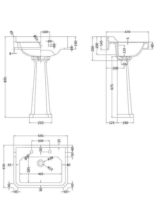 Richmond 600mm Basin & Pedestal 2 Tap Hole