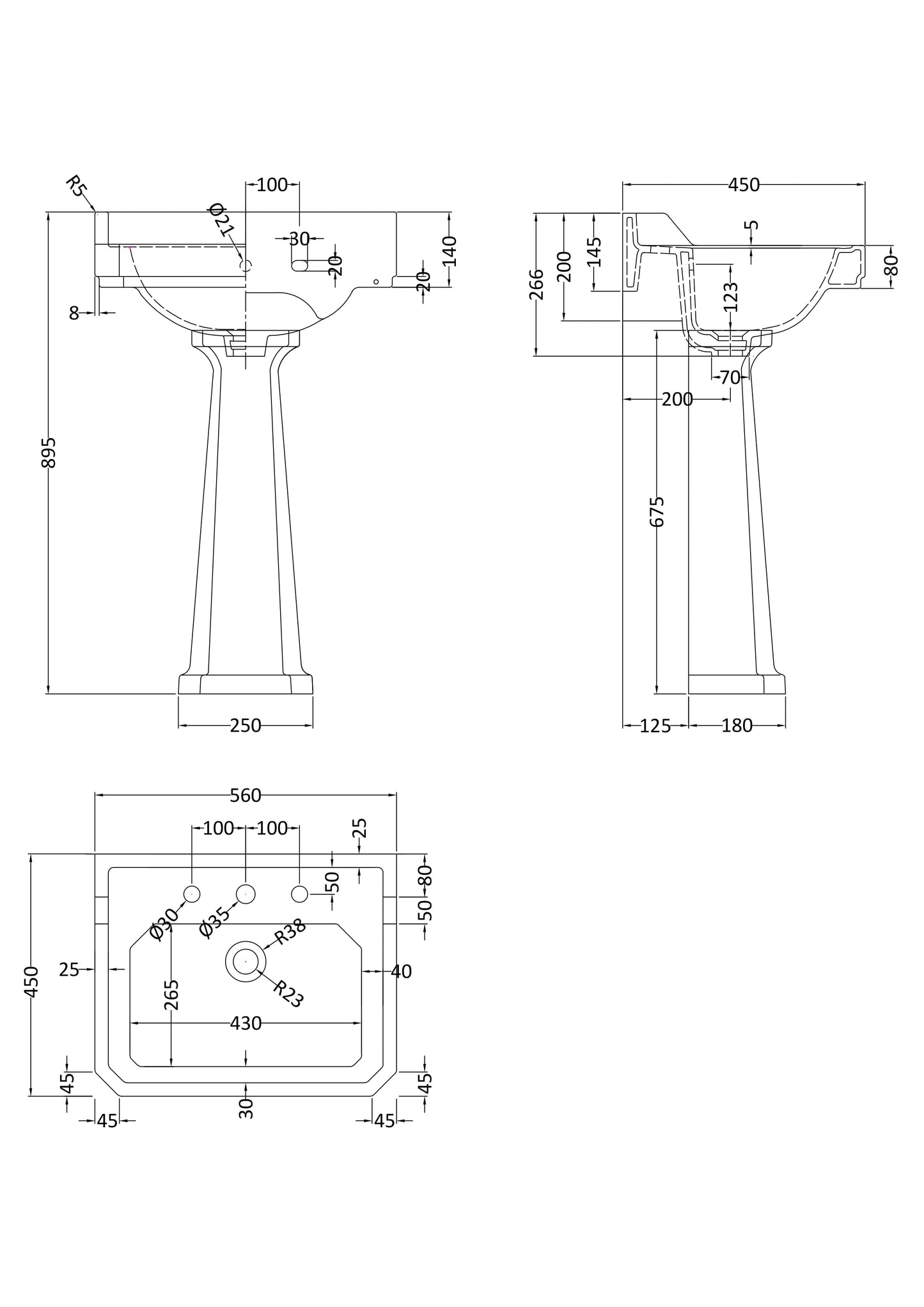 Hudson Reed Richmond 560mm 3 Tap Hole Basin & Pedestal