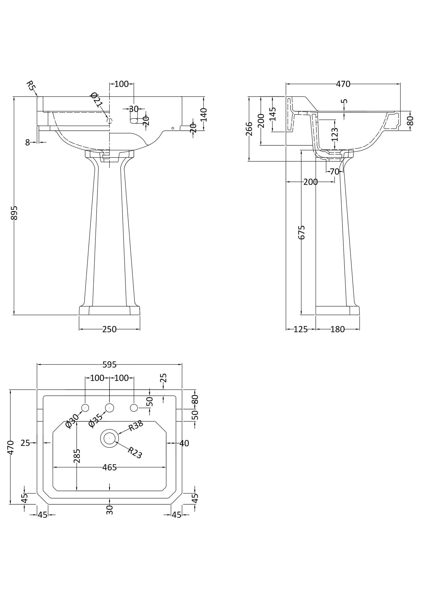 Hudson Reed Richmond 600mm 3 Tap Hole Basin & Pedestal