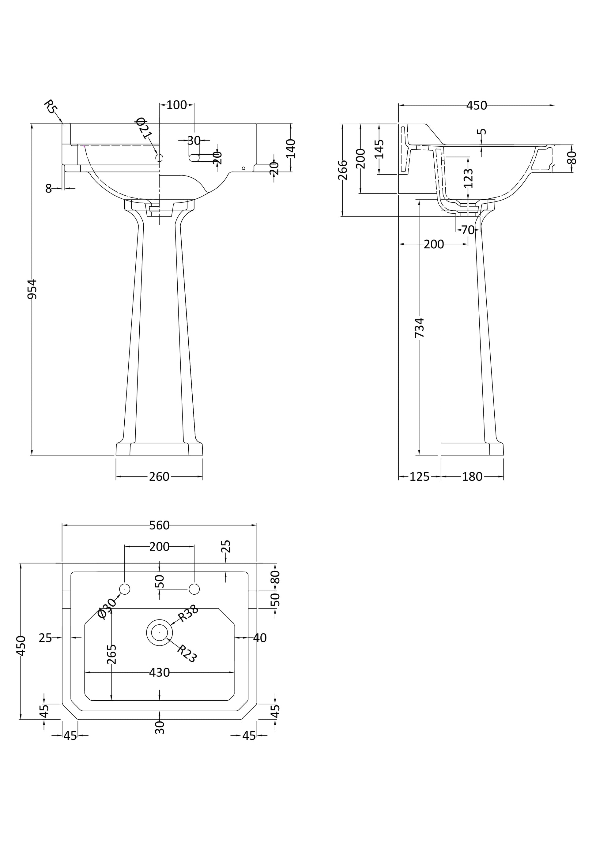 Richmond 560mm 2 Tap Hole Basin & Comfort Height Pedestal