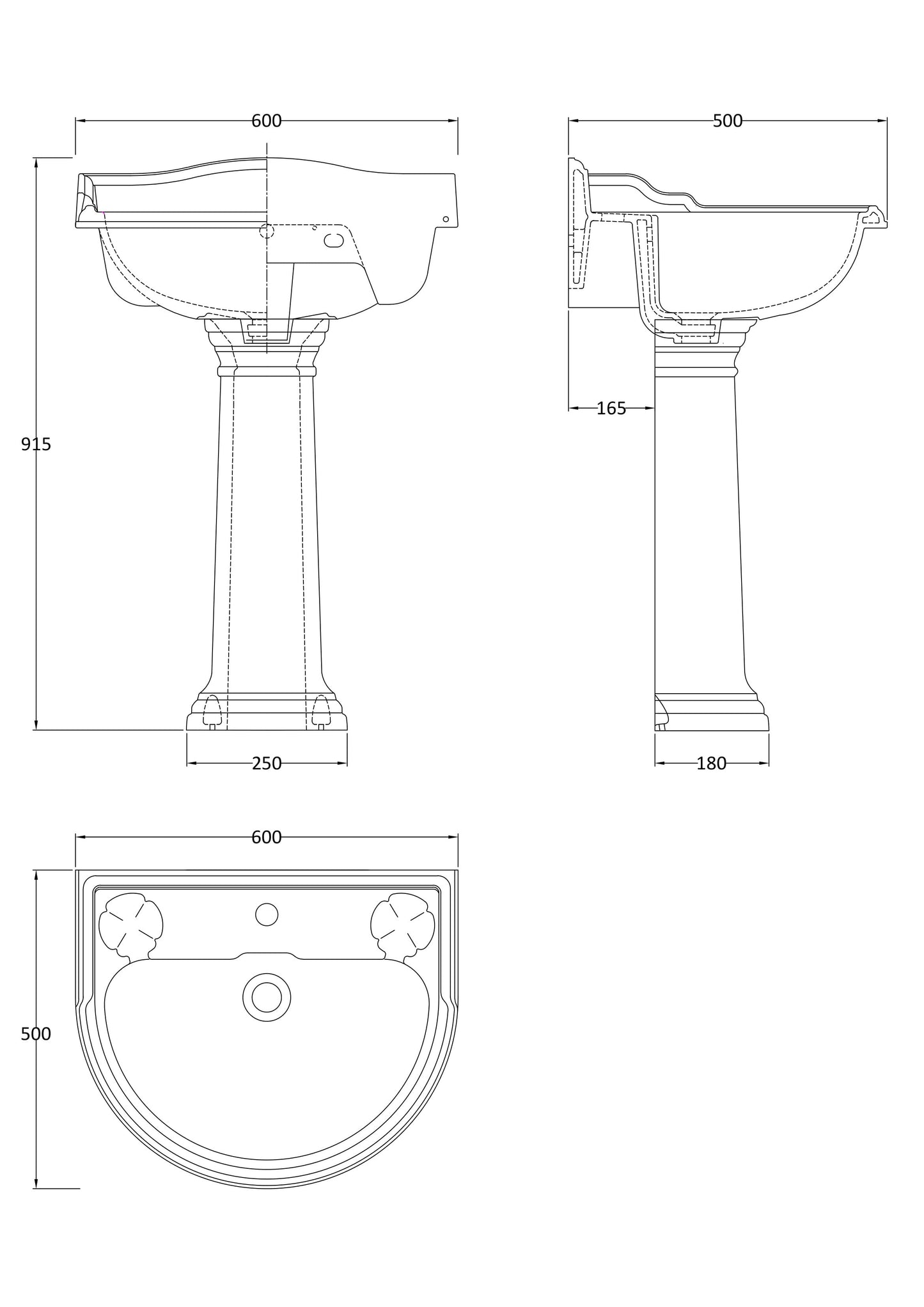 Hudson Reed Chancery 600mm 1 Tap Hole Pedestal Basin