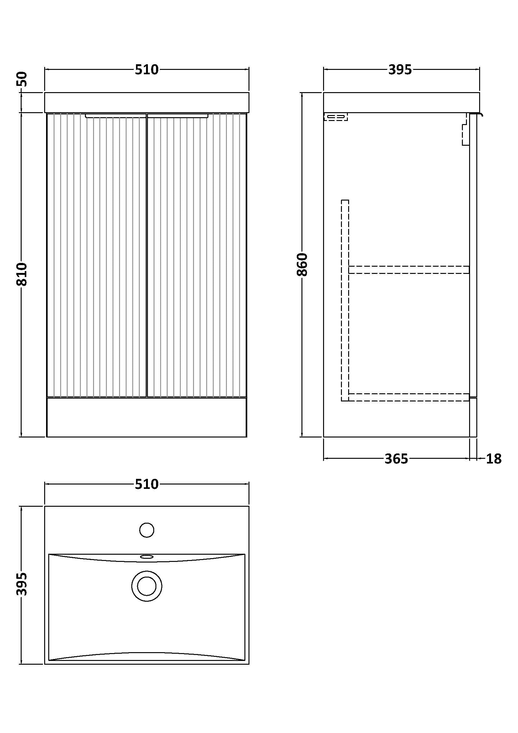 Hudson Reed Fluted 510mm Floor Standing 2-Door Vanity Unit With Basin