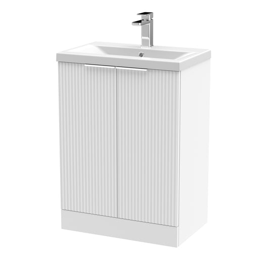 Hudson Reed Fluted 600mm Satin White Floor Standing 2-Door Vanity Unit With Basin