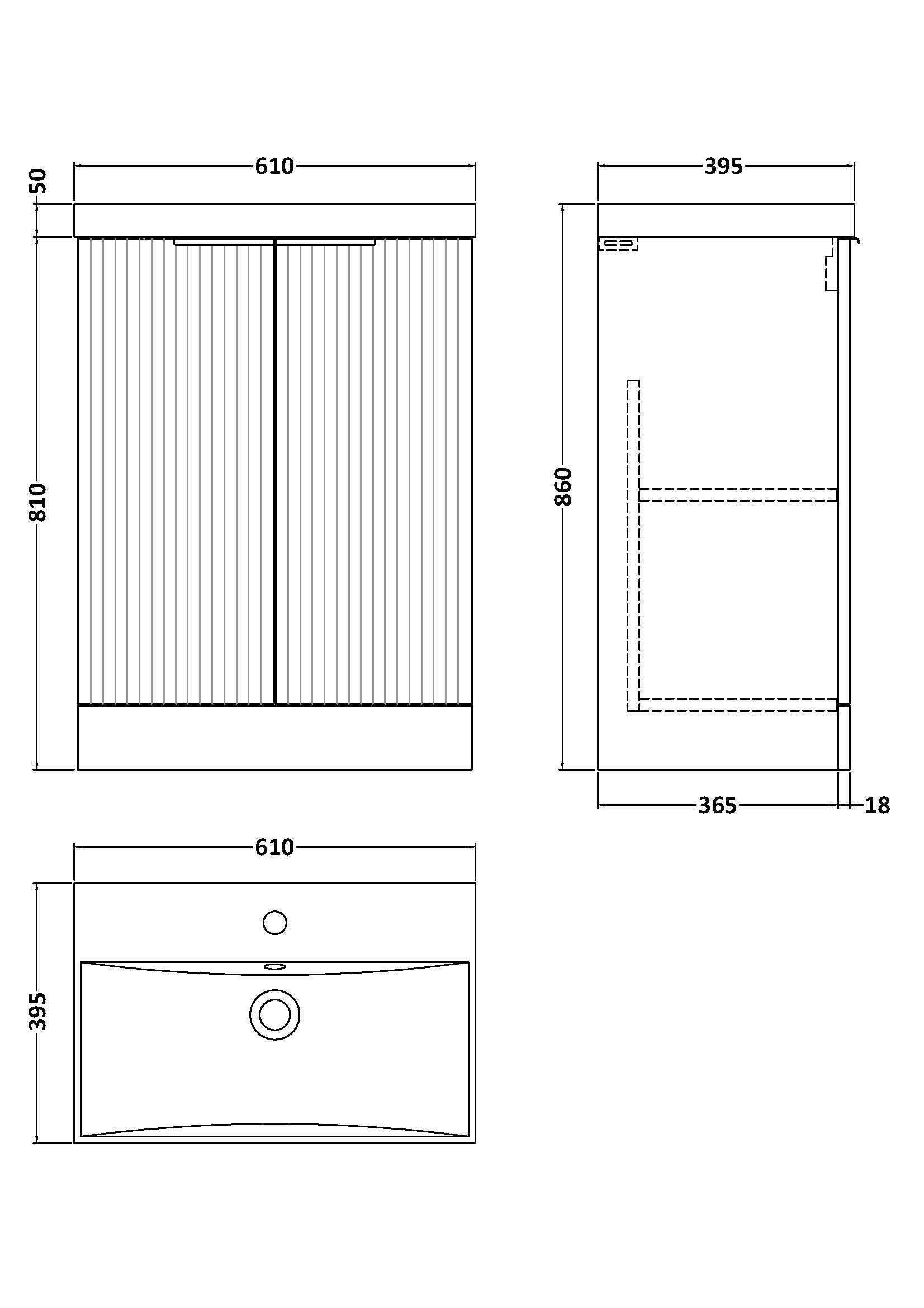 Hudson Reed Fluted 600mm Floor Standing 2-Door Vanity Unit with Thin-Edge Basin