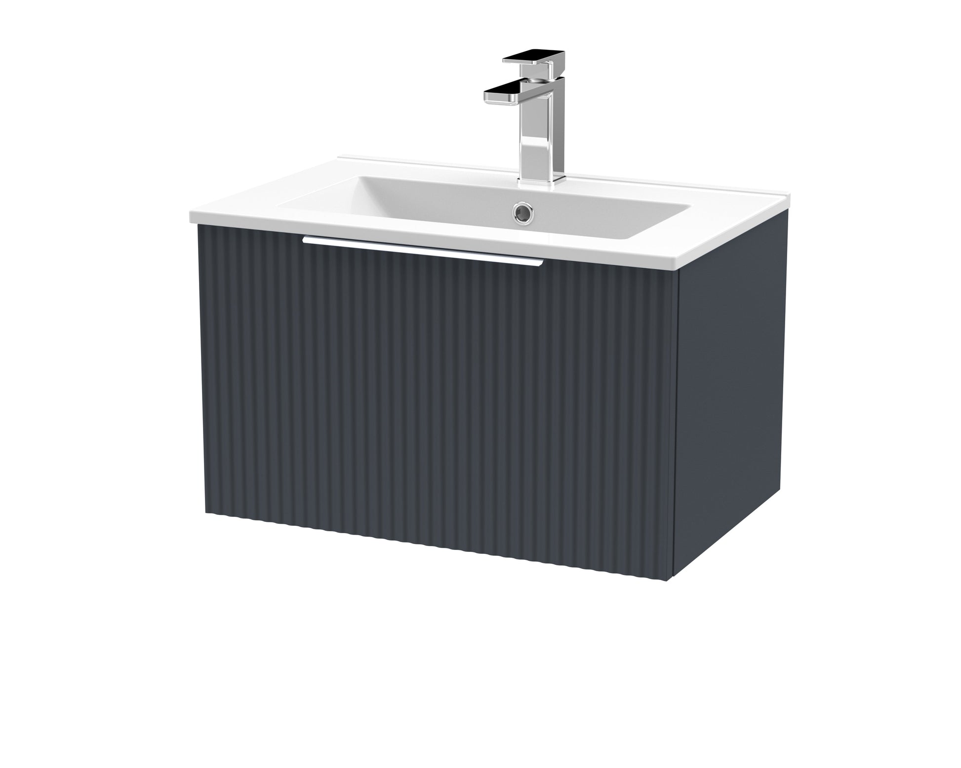 Hudson Reed Fluted 600mm Soft Black Wall Hung Single Drawer Vanity Unit With Ceramic Basin