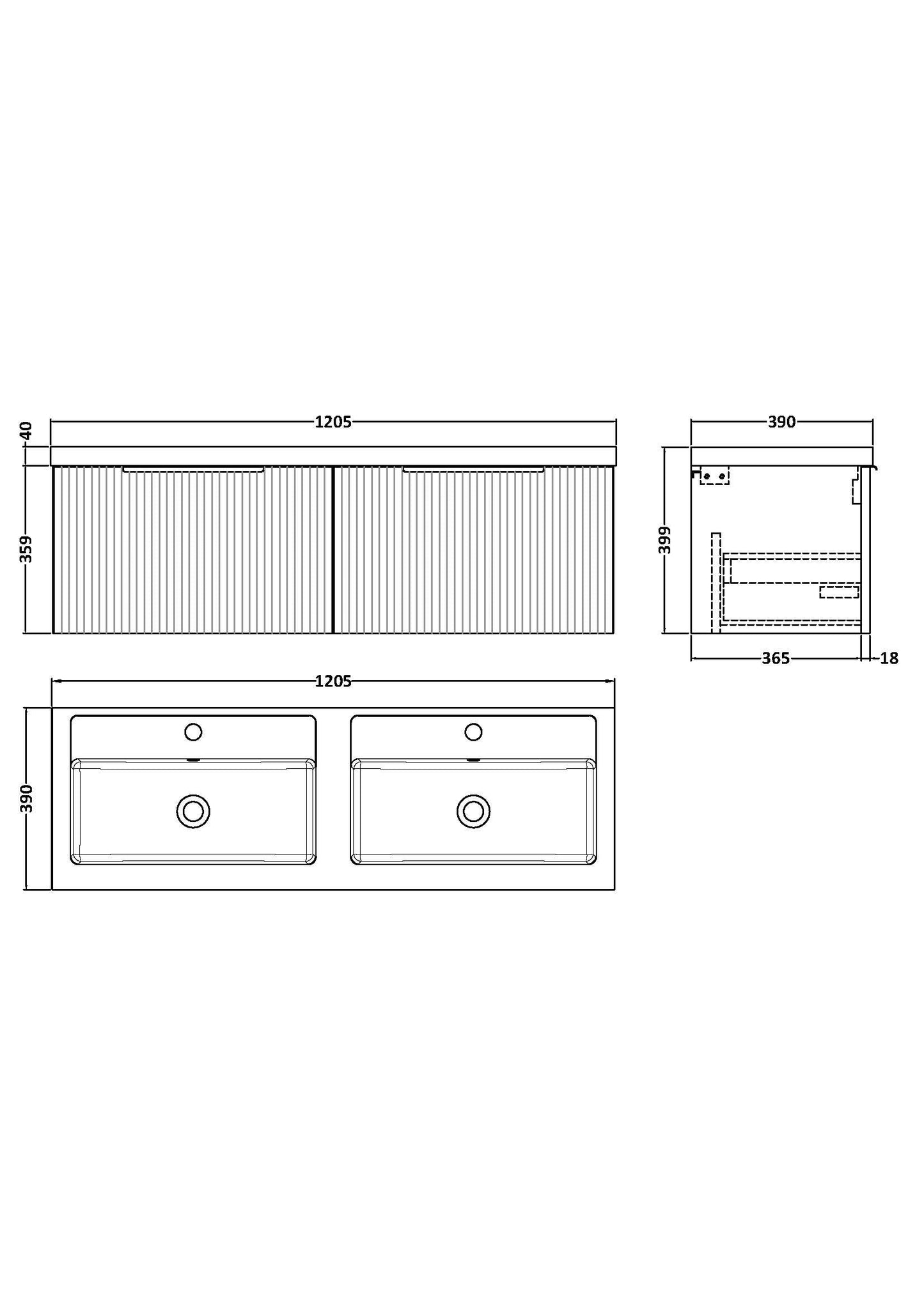Hudson Reed Fluted 1200mm Wall Hung 2-Drawer Vanity Unit with Double Basin