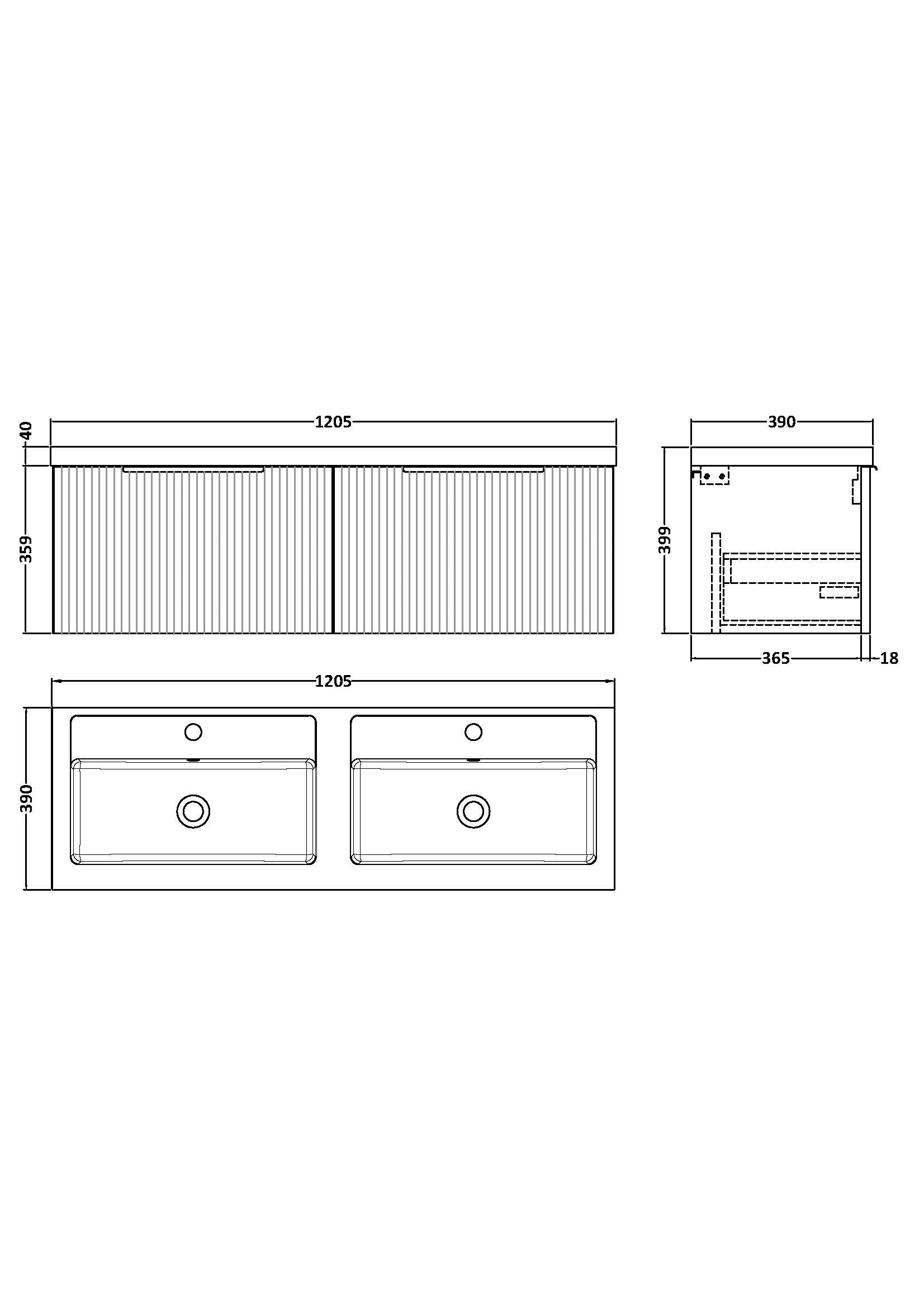 Hudson Reed Fluted 1200mm Wall Hung 2-Drawer Vanity Unit with Double Basin