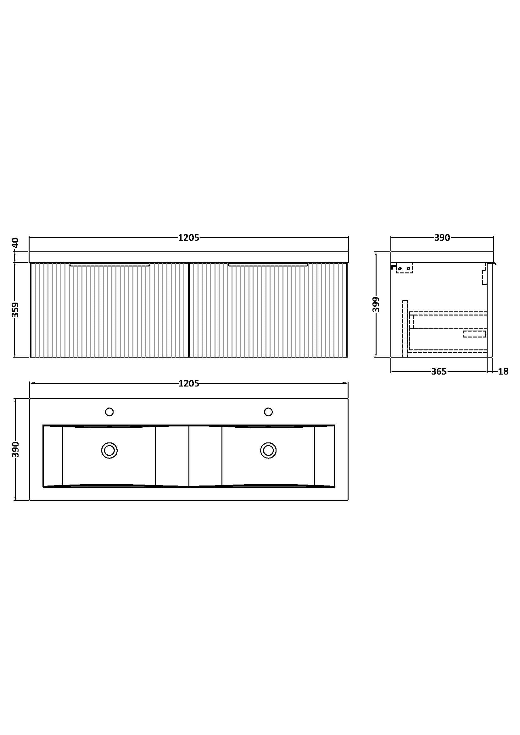 Hudson Reed Fluted 1200mm Wall Hung Soft Black 2-Drawer Vanity Unit with Double Basin