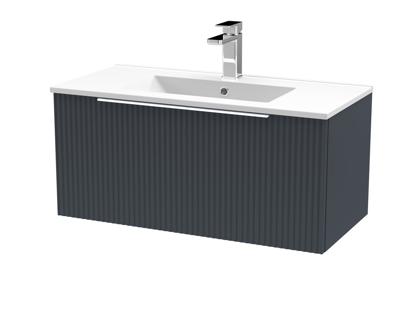 Hudson Reed Fluted 800mm Soft Black Wall Hung Single Drawer Vanity Unit With Ceramic Basin