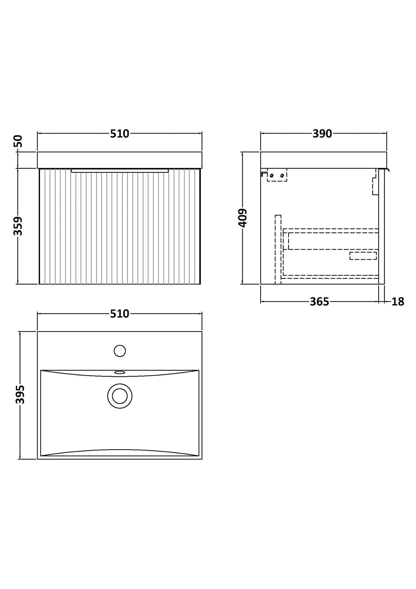 Hudson Reed Fluted 510mm Wall Hung Single Drawer Vanity Unit With Basin