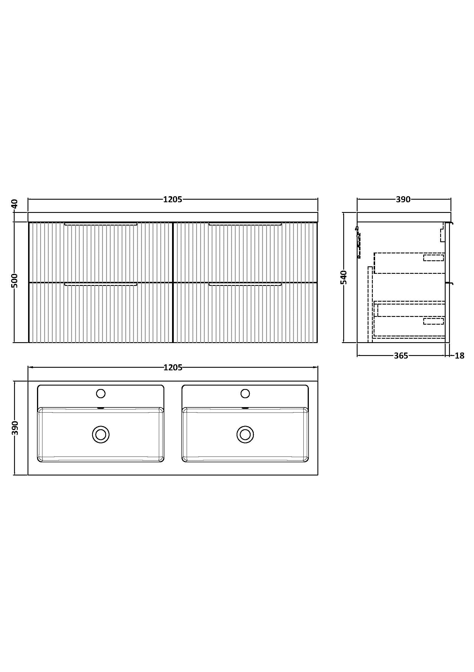 Hudson Reed Fluted 1200mm Wall Hung 4-Drawer Vanity with Double Basin