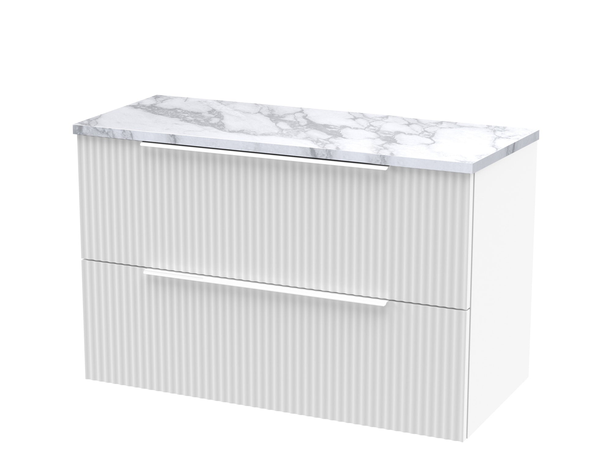 Hudson Reed Fluted 800mm Satin White Wall Hung 2-Drawer Vanity Unit With Laminate Worktop