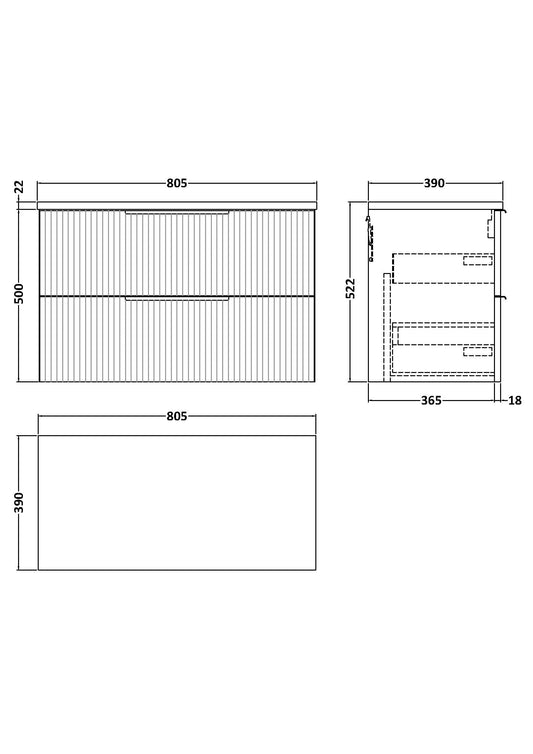 Hudson Reed Fluted 800mm Wall Hung 2-Drawer Vanity Unit With Laminate Top