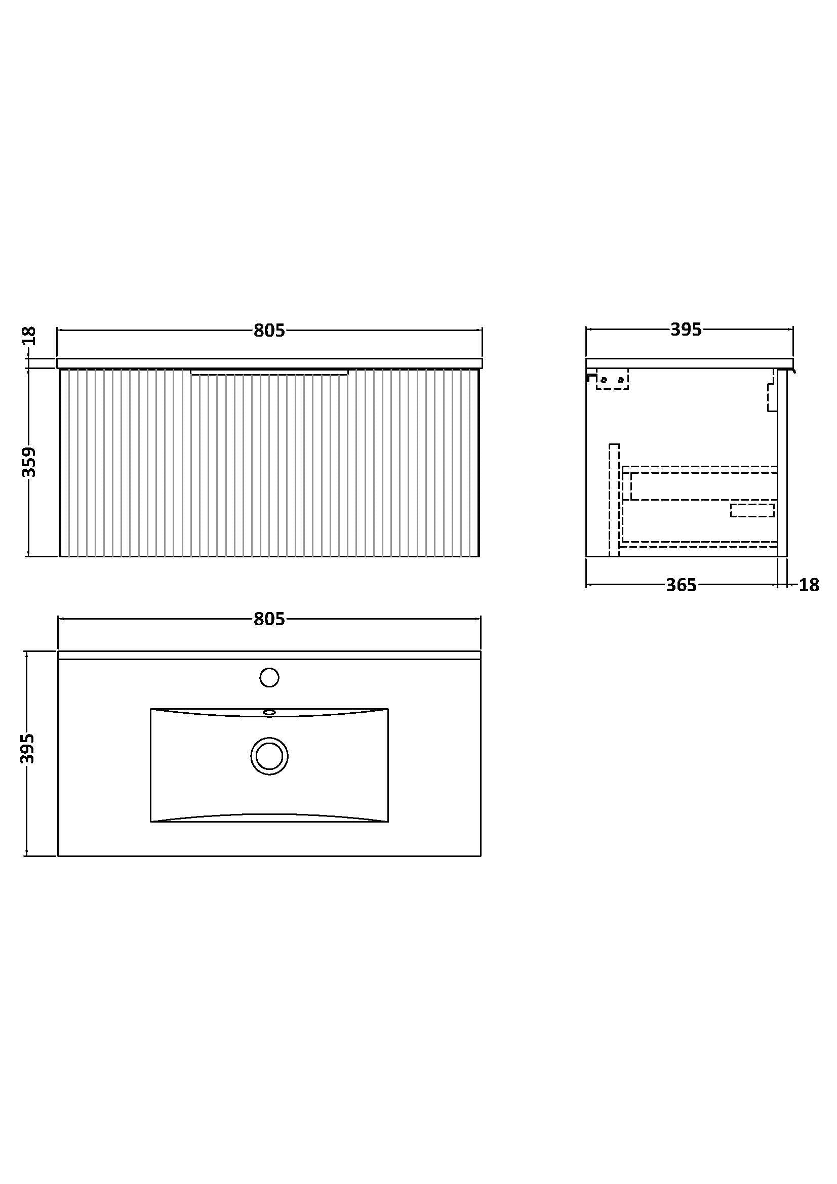 Hudson Reed Fluted 800mm Wall Hung Single Drawer Vanity With Ceramic Basin