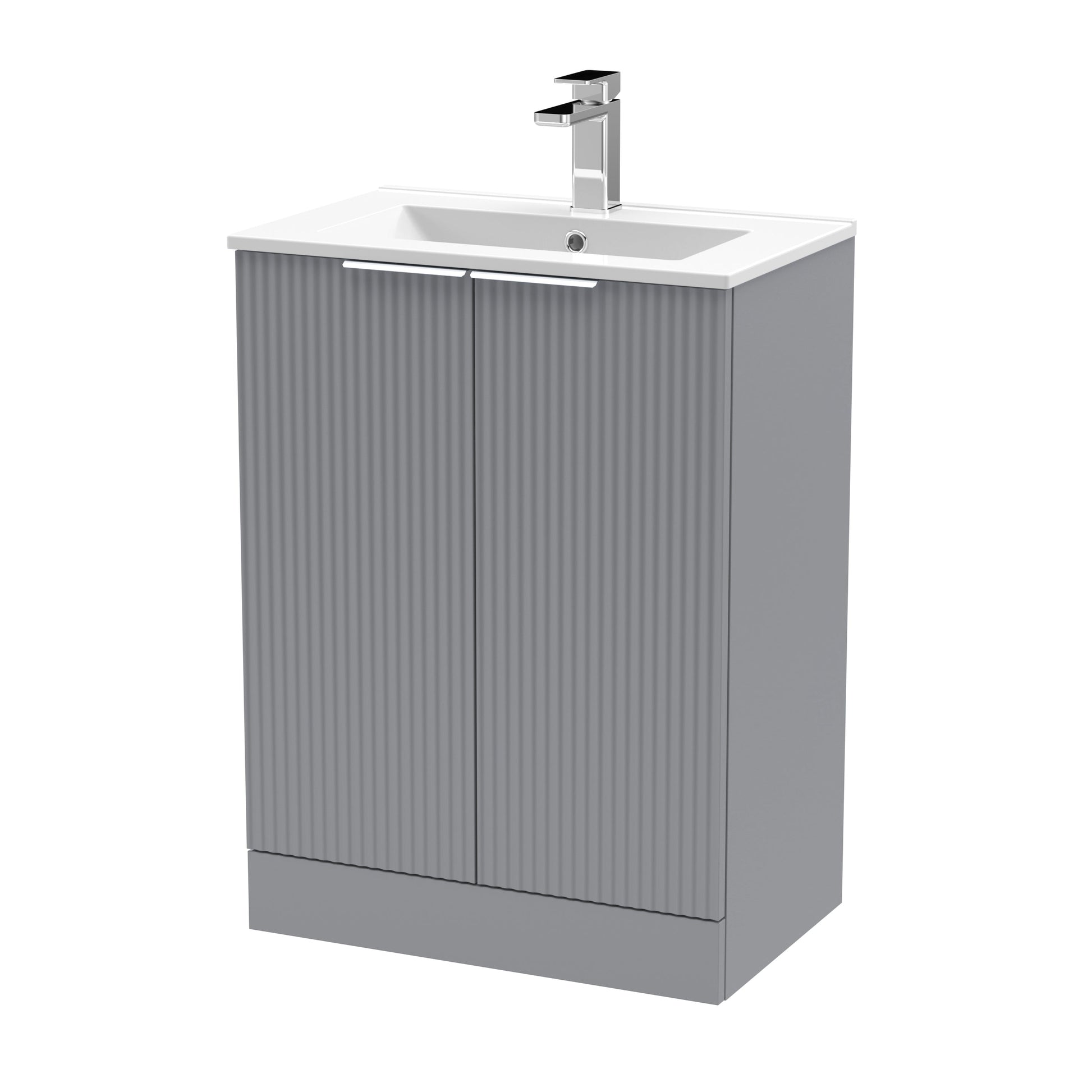Hudson Reed Fluted 600mm Satin Grey Floor Standing 2-Door Vanity Unit With Basin