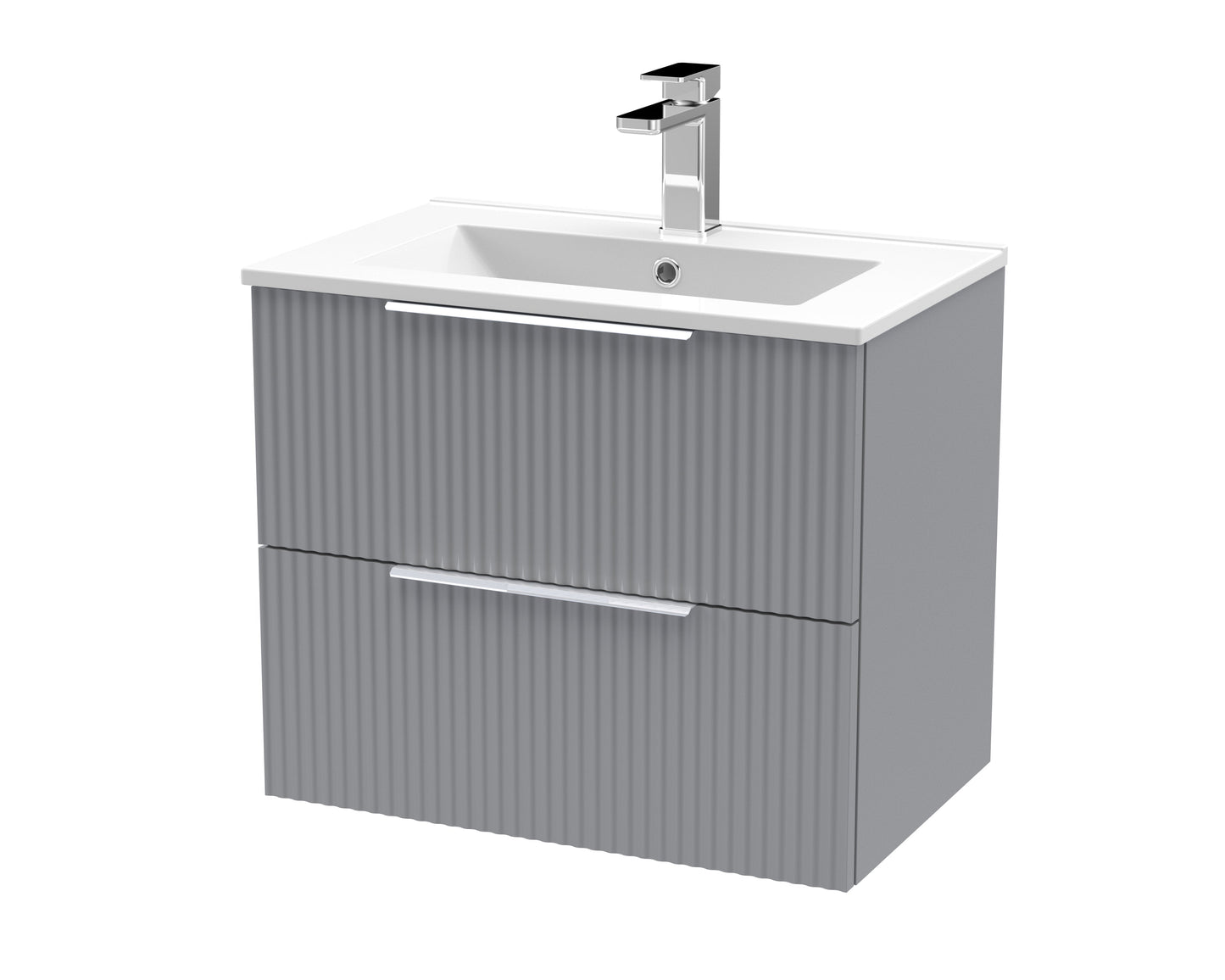 Hudson Reed Fluted 600mm Satin Grey Wall Hung 2-Drawer Vanity Unit Including Basin
