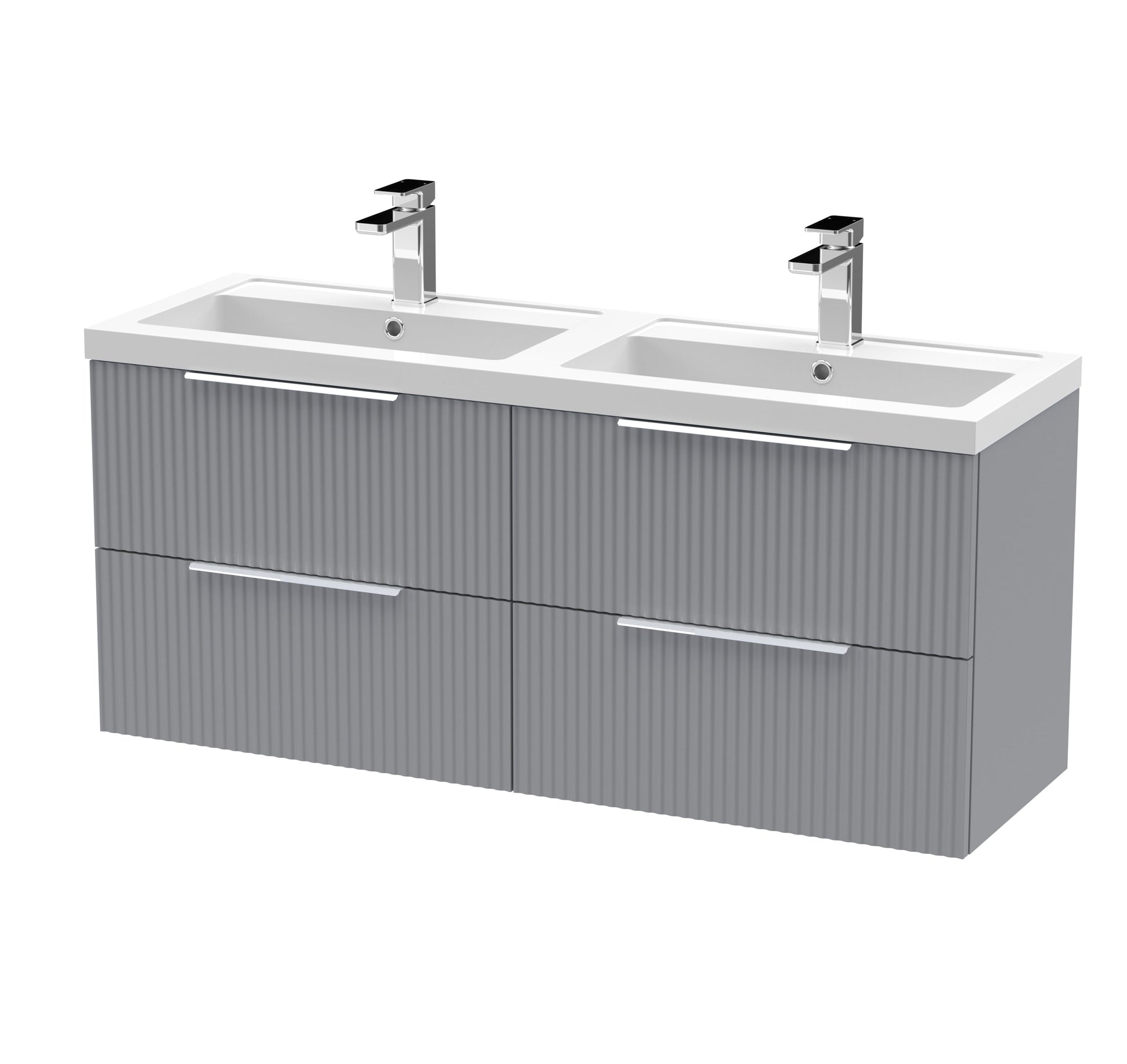 Hudson Reed Fluted 1205mm Satin Grey Wall Hung 4-Drawer Vanity Unit with Double Basin, Pre-Assembled