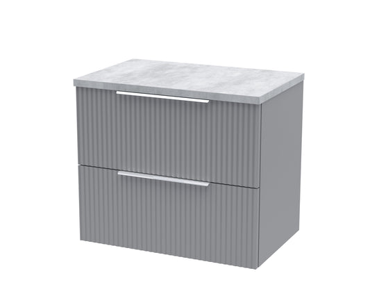 Hudson Reed Fluted 600mm Satin Grey Wall Hung 2-Drawer Vanity Unit with Laminate Top