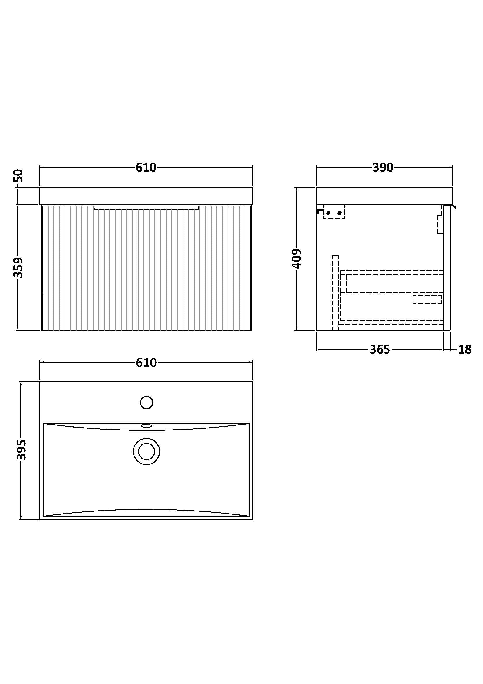 Hudson Reed Fluted 600mm Satin Grey Wall Hung Single Drawer Vanity Unit With Basin