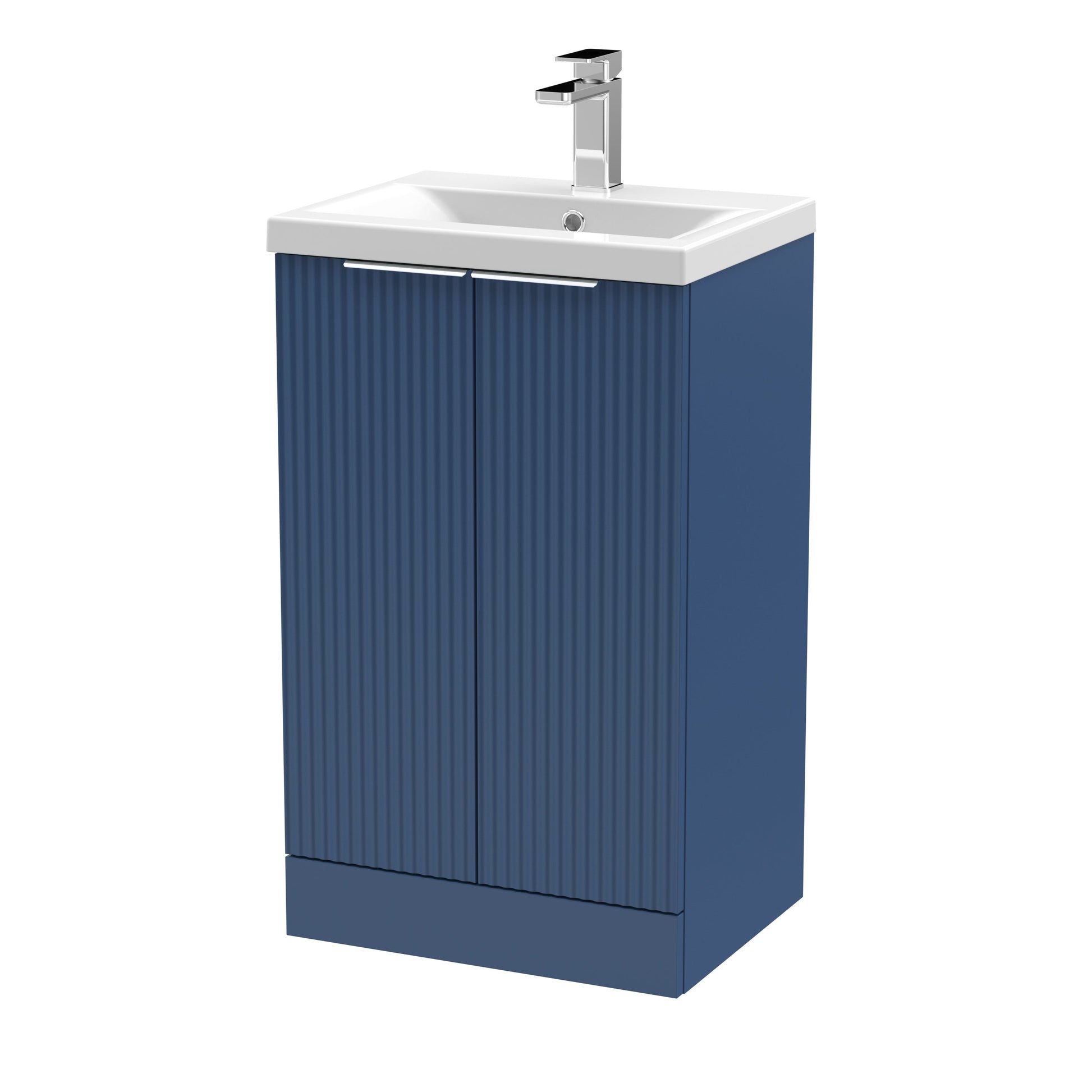 Hudson Reed Fluted 500mm Satin Blue Floor Standing 2-Door Vanity Unit With Basin
