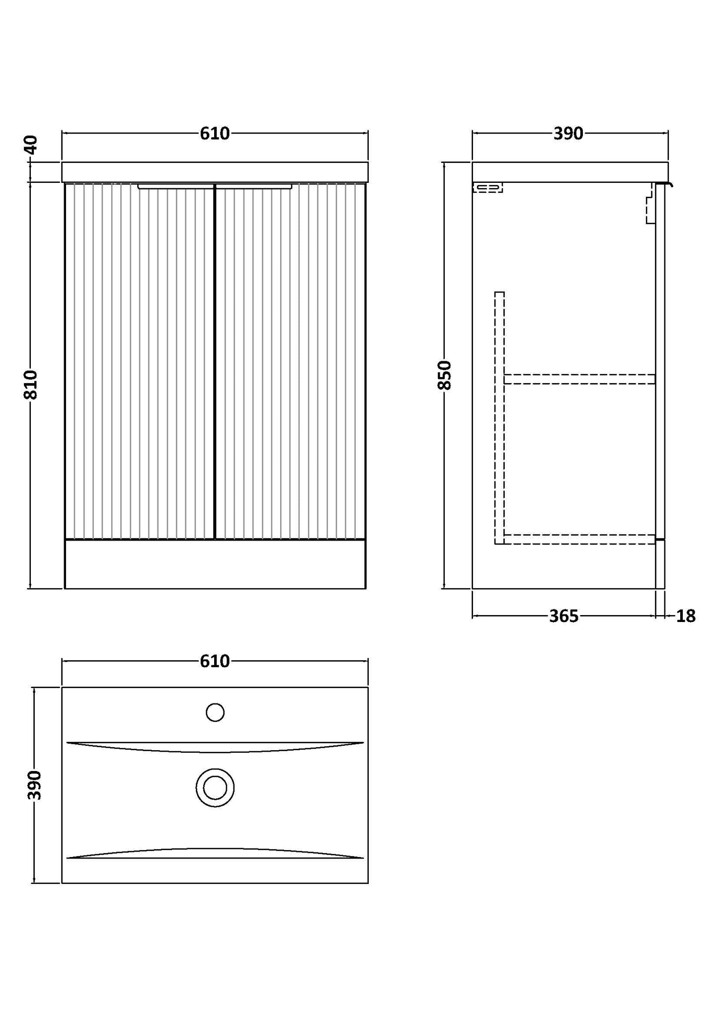 Hudson Reed Fluted 600mm Floor Standing 2-Door Vanity Unit With Basin