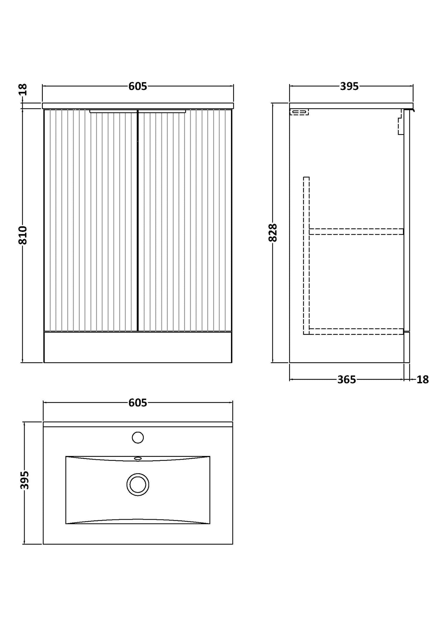 Hudson Reed Fluted 600mm Floor Standing 2-Door Vanity Unit With Basin