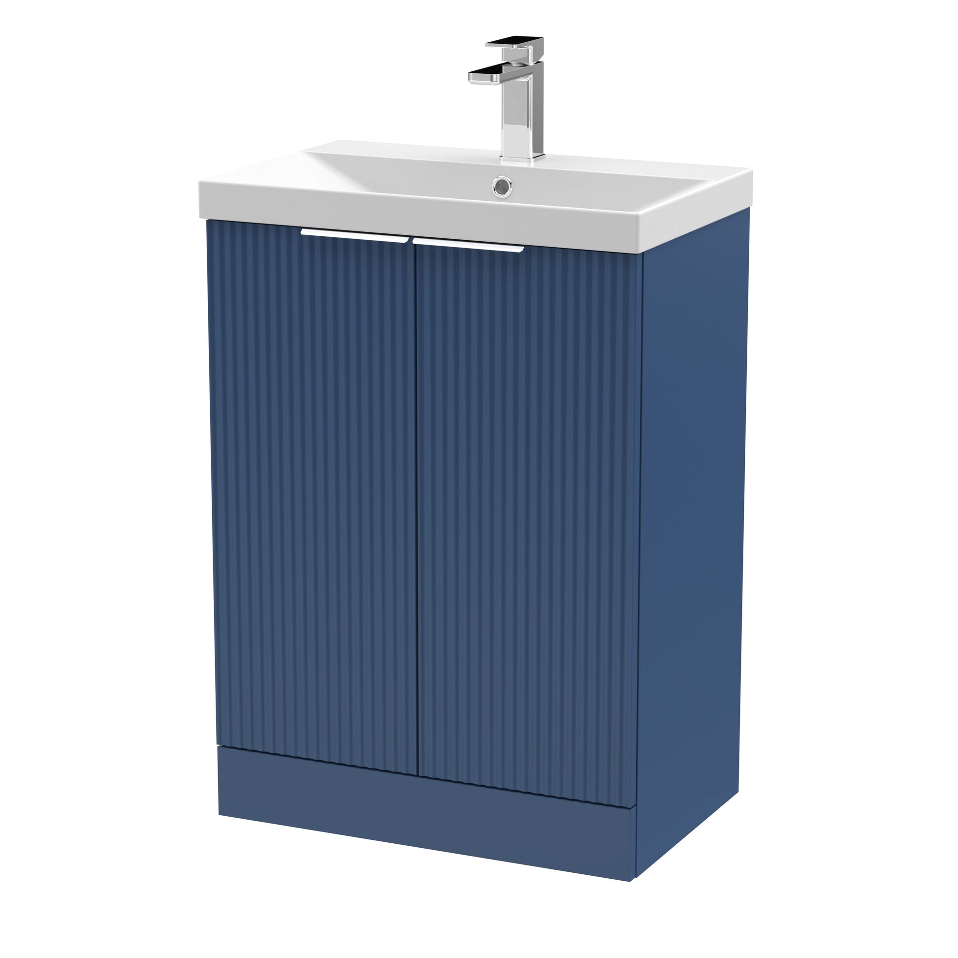 Hudson Reed Fluted 600mm Satin Blue Floor Standing 2-Door Vanity Unit With Basin