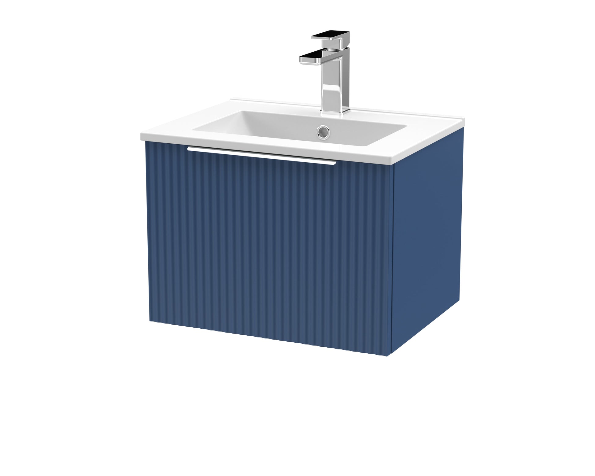 Hudson Reed Fluted 500mm Satin Blue Wall Hung Single Drawer Vanity Unit With Ceramic Basin