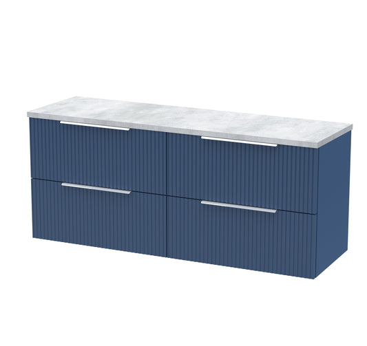 Hudson Reed Fluted 1215mm Wall Hung Satin Blue 4-Drawer Vanity Unit With Laminate Worktop
