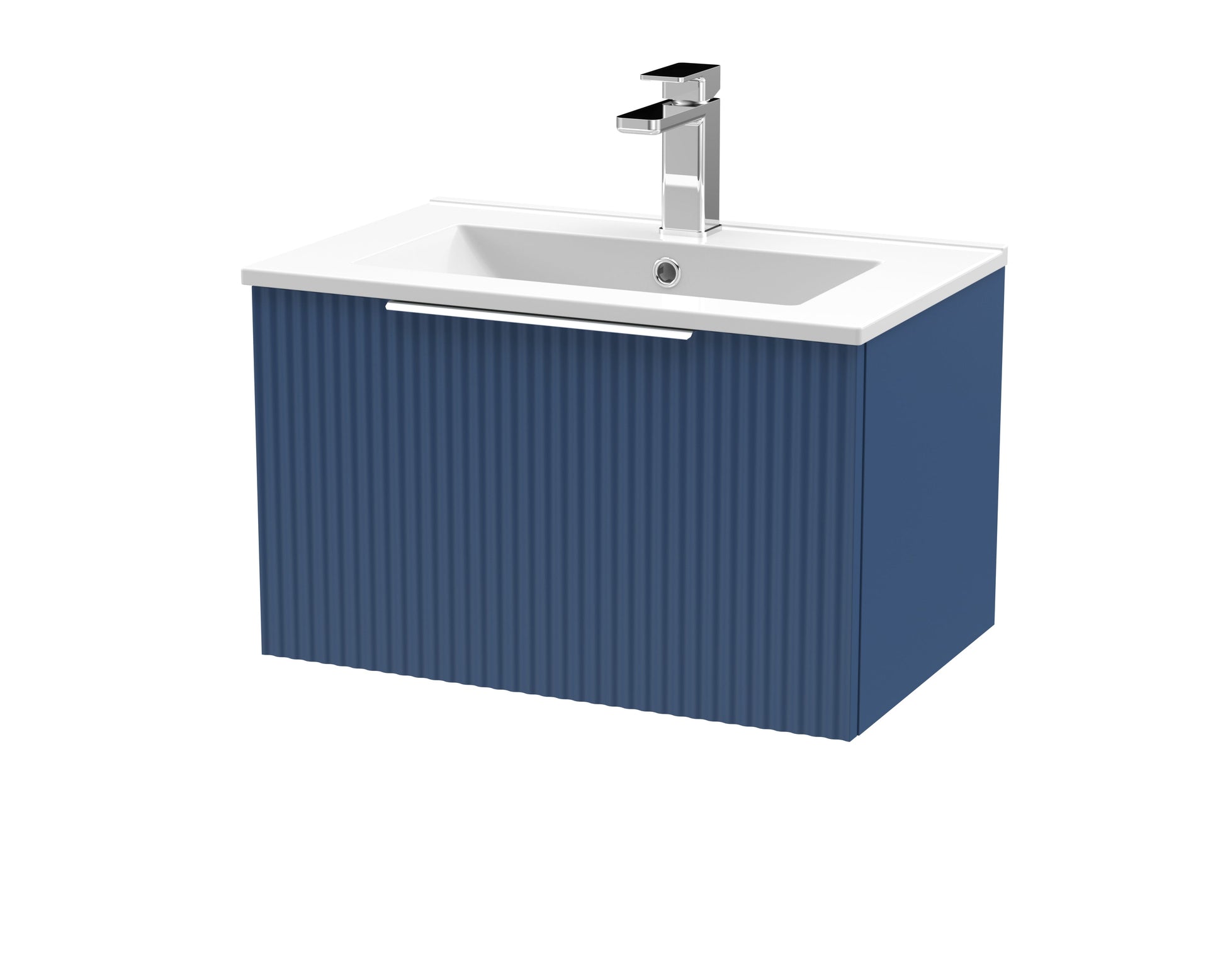 Hudson Reed Fluted 600mm Satin Blue Wall Hung Single Drawer Vanity Unit With Basin