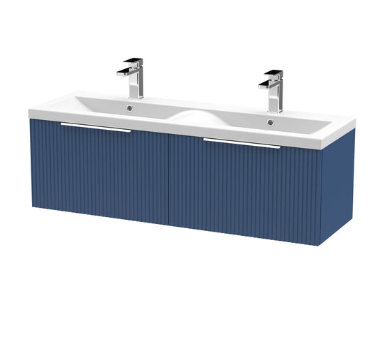 Hudson Reed Fluted 1200mm Satin Blue Wall Hung 2-Drawer Vanity Unit with Double Basin