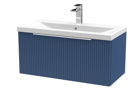 Hudson Reed Fluted 800mm Satin Blue Wall Hung Single Drawer Vanity Unit with Mid-Edge Basin