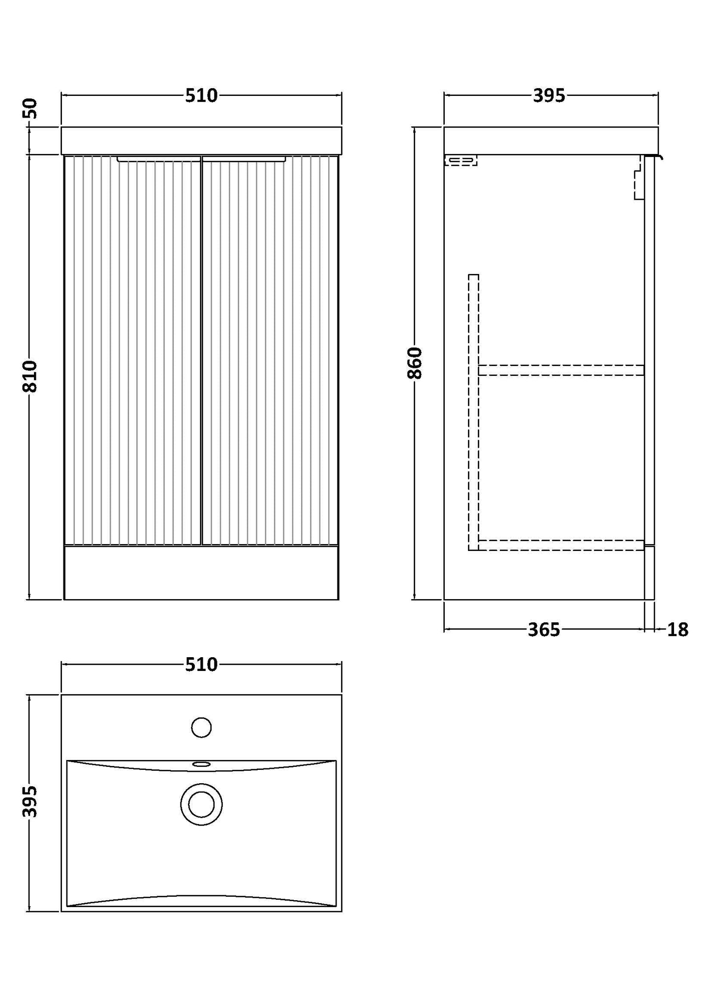 Hudson Reed Fluted 510mm Floor Standing 2-Door Vanity Unit with Basin