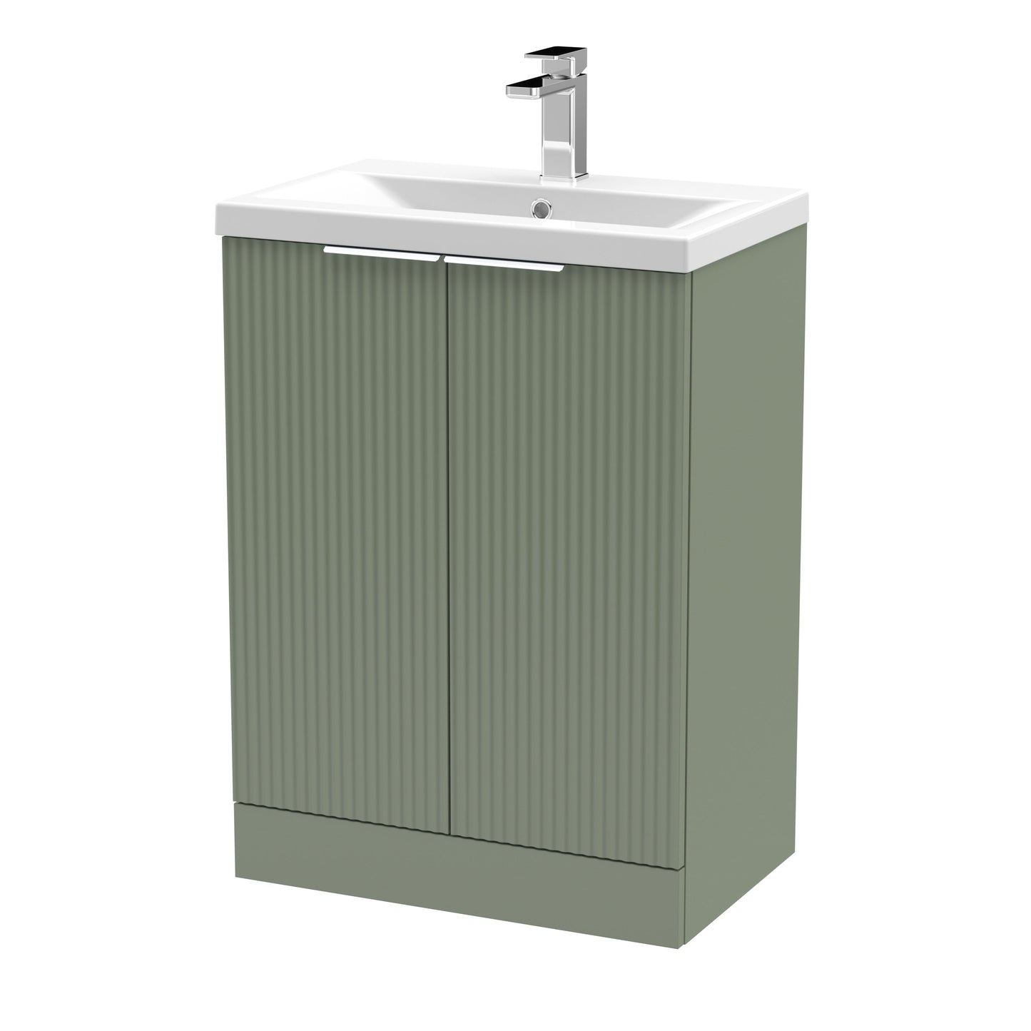 Hudson Reed Fluted 600mm Satin Green Floor Standing 2-Door Vanity Unit with Basin